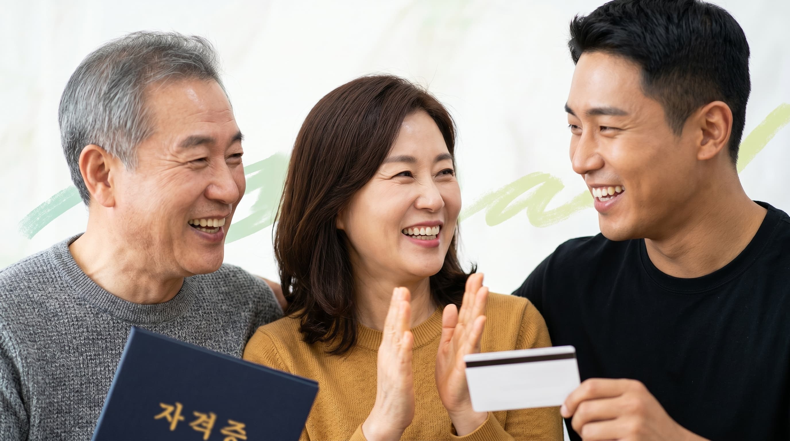 자격증과 카드를 들고 환하게 웃는 시니어 부부와 청년